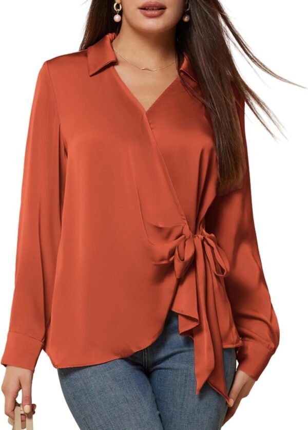 Women's Satin Silk Blouses Wrap V Neck Shirts Long Sleeve Elegant Tie Waist Office Formal Work Tunic Pullover Tops