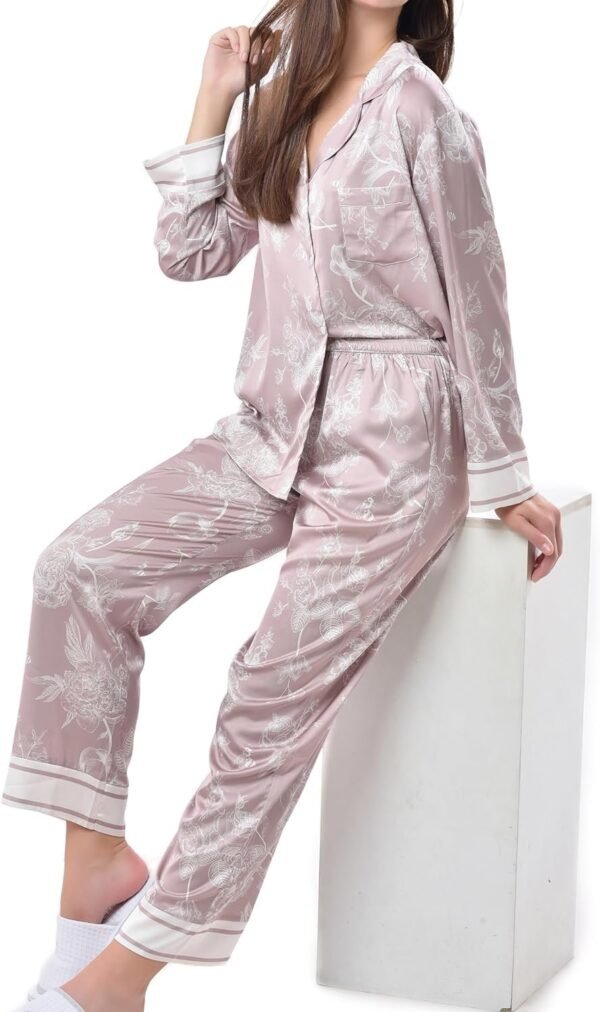 Women's Silky Satin Pajamas Set Long sleeve and Pants Sleepwear Soft and Comfy Button Down Loungewear Relaxed Fit