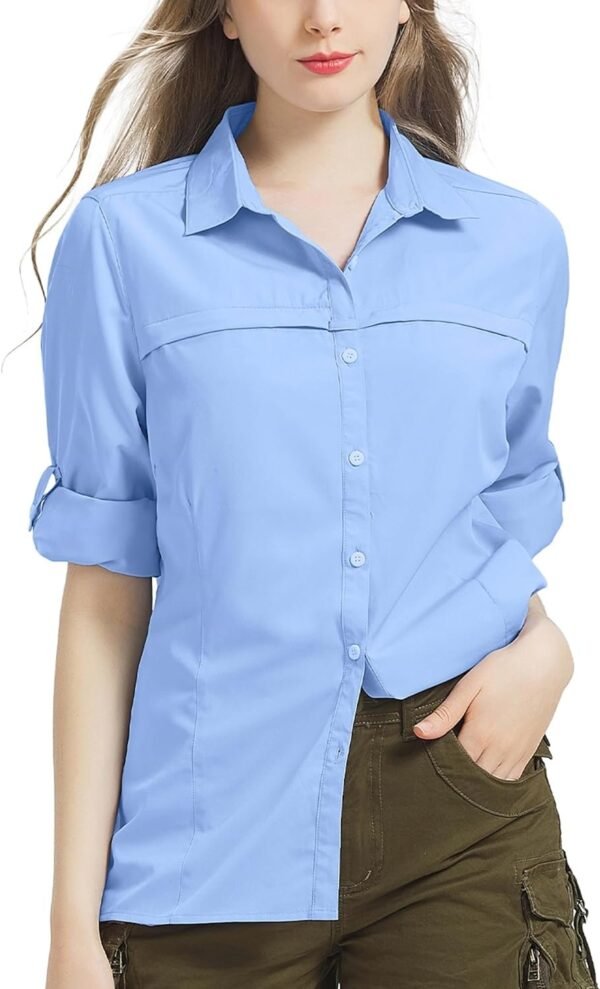 Womens Sun Protection Safari Shirt Quick Dry SPF 50 UV Lightweight Fishing Travel Hiking Outdoor Shirts with Zipper Pockets
