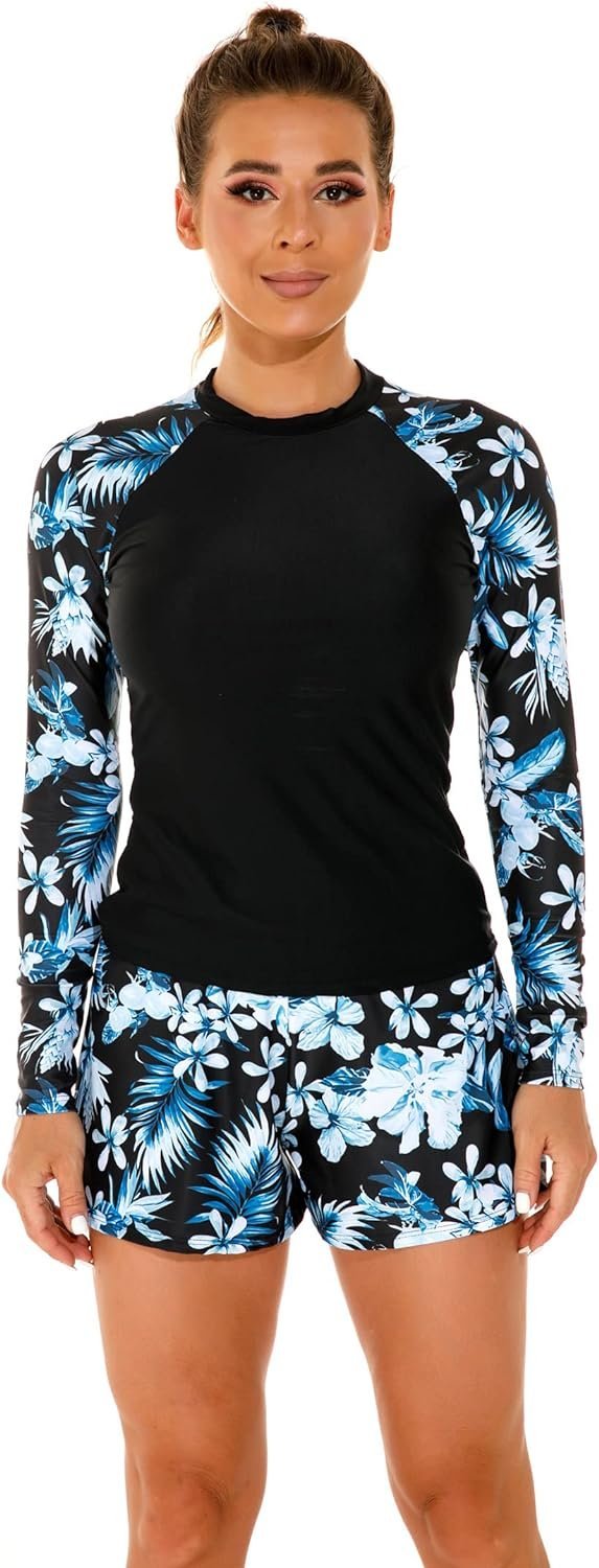 Women's Long Sleeves Rash Guard Athletic Swim Aztec Tankini Sets Swimsuit