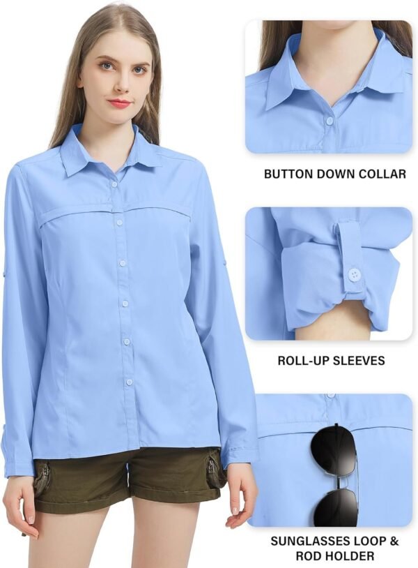 Womens Sun Protection Safari Shirt Quick Dry SPF 50 UV Lightweight Fishing Travel Hiking Outdoor Shirts with Zipper Pockets