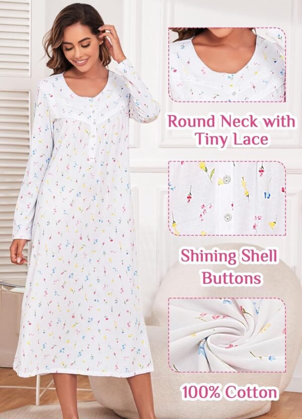 Long Cotton Nightgown Women's Long Sleeve Sleepwear Full Length Night Dress Soft Comfy Loungewear
