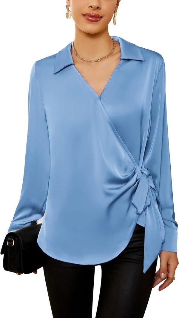 Women's Satin Silk Blouses Wrap V Neck Shirts Long Sleeve Elegant Tie Waist Office Formal Work Tunic Pullover Tops