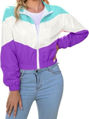 Women’s Lightweight Windbreaker Sport Jacket Zip Up Color Block Coat Casual Long Sleeve Jogging Outerwear