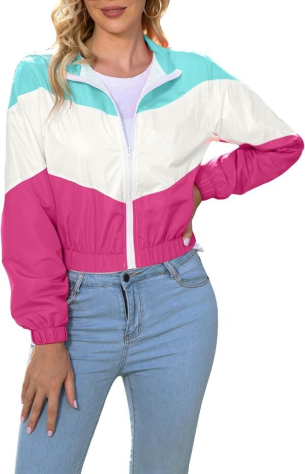 Women’s Lightweight Windbreaker Sport Jacket Zip Up Color Block Coat Casual Long Sleeve Jogging Outerwear