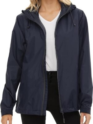 Women's Rain Jacket Lightweight Waterproof Rain Coat with Hooded Windproof Adjustable Windbreaker