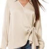 Women's Satin Silk Blouses Wrap V Neck Shirts Long Sleeve Elegant Tie Waist Office Formal Work Tunic Pullover Tops