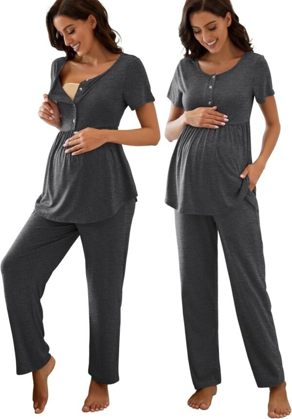 71Llb2FbZ0L._AC_SL1500.jpg Women's Maternity Nursing Pajama Set Breastfeeding Loungewear Mama Clothes Short Sleeve Top & Pants Pregnancy PJS