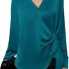 Women's Satin Silk Blouses Wrap V Neck Shirts Long Sleeve Elegant Tie Waist Office Formal Work Tunic Pullover Tops