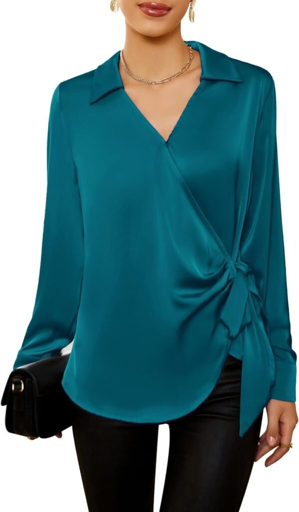 Women's Satin Silk Blouses Wrap V Neck Shirts Long Sleeve Elegant Tie Waist Office Formal Work Tunic Pullover Tops