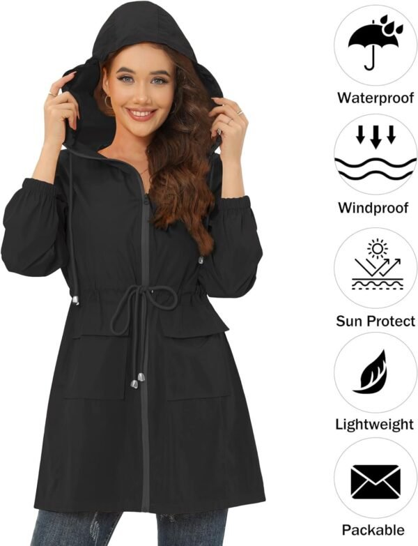 Rain Jacket for Women Waterproof with Hood Active Outdoor Long Rain Coats Packable Raincoat Lightweight Windbreaker