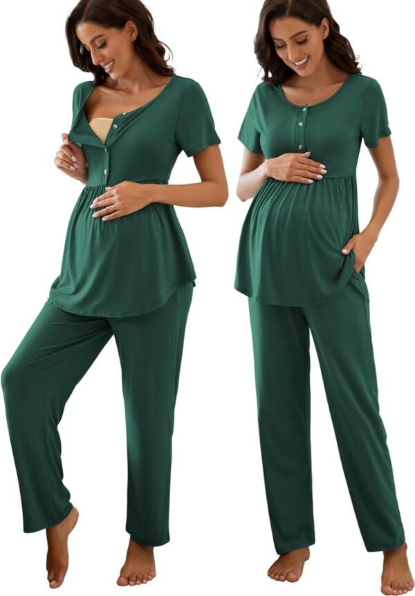 71QMI8dV1kL._AC_SL1500.jpg Women's Maternity Nursing Pajama Set Breastfeeding Loungewear Mama Clothes Short Sleeve Top & Pants Pregnancy PJS