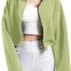Women's Full Zip Fleece Short Jacket Oversized Athletic Running Long Sleeve Stand Collar Crop Warm Sherpa Coat