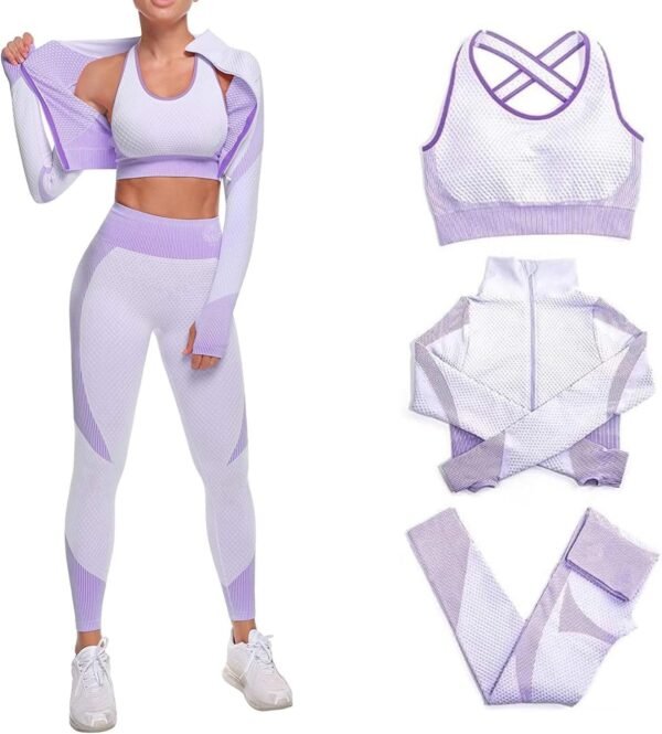 Women's 3 PC Seamless Gym Clothing Workout Outfit with Jacket Bra & Leggings Set