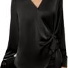 Women's Satin Silk Blouses Wrap V Neck Shirts Long Sleeve Elegant Tie Waist Office Formal Work Tunic Pullover Tops