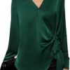 Women's Satin Silk Blouses Wrap V Neck Shirts Long Sleeve Elegant Tie Waist Office Formal Work Tunic Pullover Tops