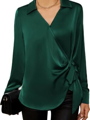 Women's Satin Silk Blouses Wrap V Neck Shirts Long Sleeve Elegant Tie Waist Office Formal Work Tunic Pullover Tops
