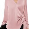 Women's Satin Silk Blouses Wrap V Neck Shirts Long Sleeve Elegant Tie Waist Office Formal Work Tunic Pullover Tops