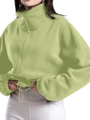 71Yweq2kxUL._AC_SL1500.jpg Women's Full Zip Fleece Short Jacket Oversized Athletic Running Long Sleeve Stand Collar Crop Warm Sherpa Coat