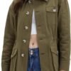 Women's Military Jacket Lightweight Button Up Utility Drawstring Waist Anorak Coat with Pockets
