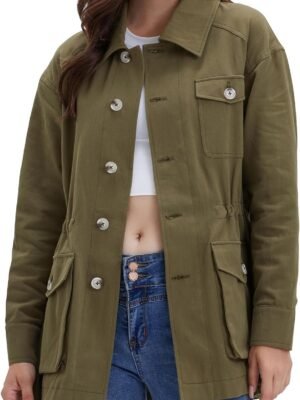 Women's Military Jacket Lightweight Button Up Utility Drawstring Waist Anorak Coat with Pockets