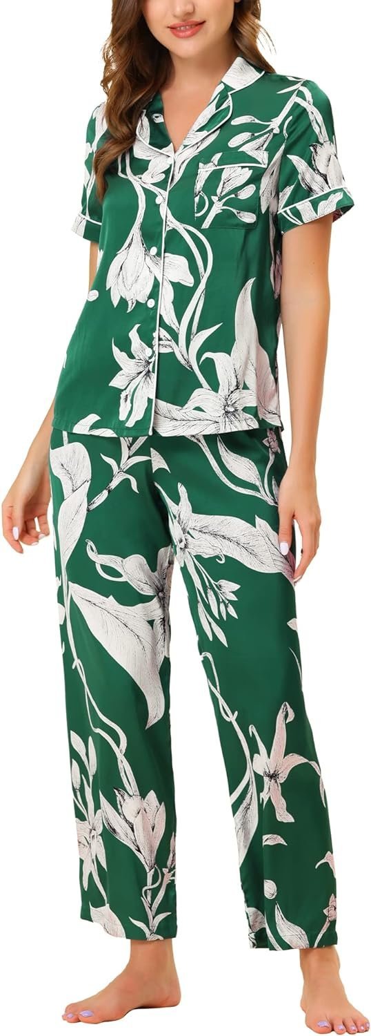 Womens Satin Floral Sleepwear Short Sleeves Button Down Tops with Pants Lounge Pajamas Sets