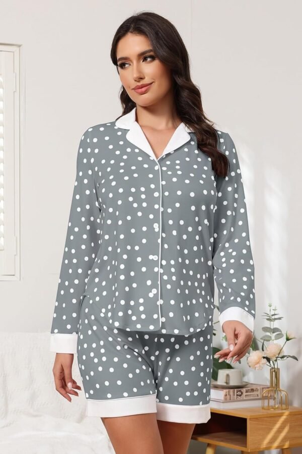 Button Down Pajamas Sets Women Two-Piece Satin Silk Pjs Sets Loungewear Long Sleeve Sleepwear Shorts Nightwear Sets