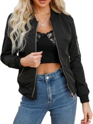 Women's Bomber Jacket Lightweight Varsity Zip Up Coat Casual Long Sleeve Windbreaker