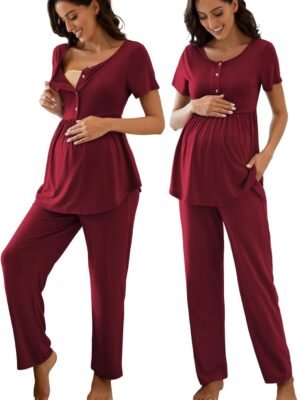 71c7H9vCpBL._AC_SL1500.jpg Women's Maternity Nursing Pajama Set Breastfeeding Loungewear Mama Clothes Short Sleeve Top & Pants Pregnancy PJS