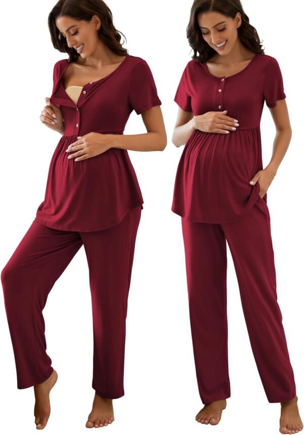 71c7H9vCpBL._AC_SL1500.jpg Women's Maternity Nursing Pajama Set Breastfeeding Loungewear Mama Clothes Short Sleeve Top & Pants Pregnancy PJS