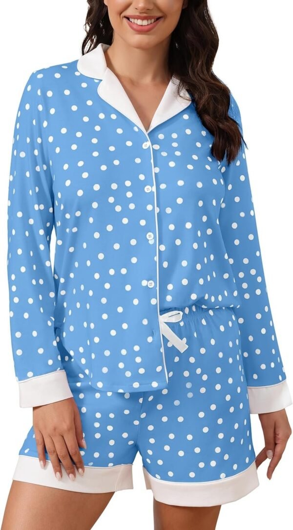 Button Down Pajamas Sets Women Two-Piece Satin Silk Pjs Sets Loungewear Long Sleeve Sleepwear Shorts Nightwear Sets
