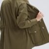 Women's Military Jacket Lightweight Button Up Utility Drawstring Waist Anorak Coat with Pockets