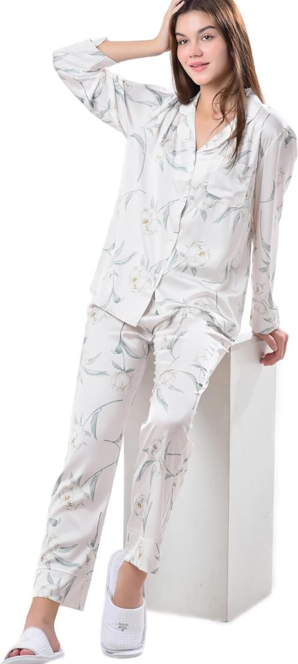 Women's Silky Satin Pajamas Set Long sleeve and Pants Sleepwear Soft and Comfy Button Down Loungewear Relaxed Fit