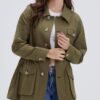 Women's Military Jacket Lightweight Button Up Utility Drawstring Waist Anorak Coat with Pockets
