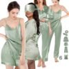 6Pcs Womens Silk Satin Pajama Sets Pj Sets Long Pjs Set Pajamas Sleepwear Camisole Sexy Cami