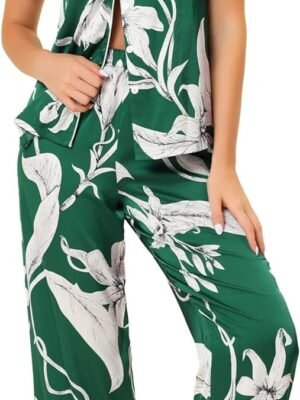 Womens Satin Floral Sleepwear Short Sleeves Button Down Tops with Pants Lounge Pajamas Sets