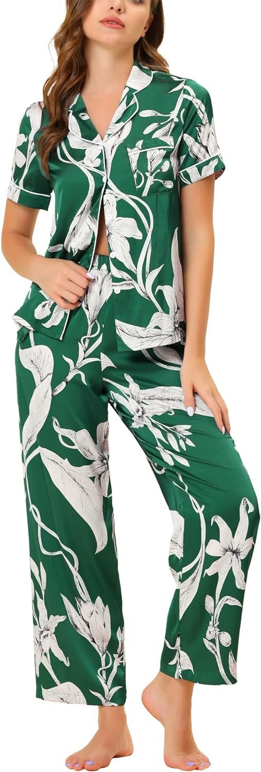 Womens Satin Floral Sleepwear Short Sleeves Button Down Tops with Pants Lounge Pajamas Sets
