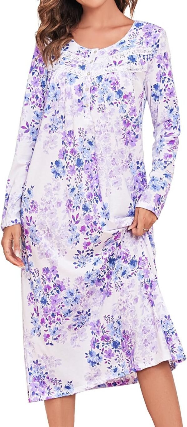 Long Cotton Nightgown Women's Long Sleeve Sleepwear Full Length Night Dress Soft Comfy Loungewear