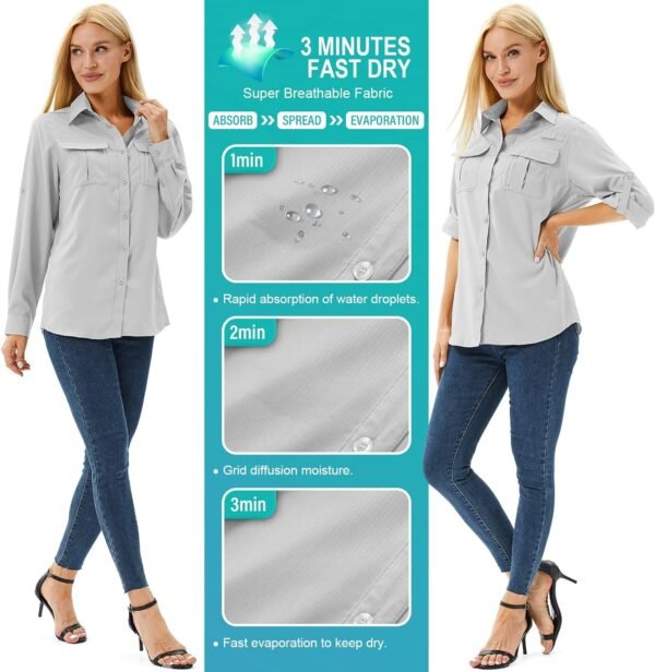 Women's UPF 50+ Long Sleeve UV Sun Protection Safari Shirt, Quick Dry SPF Hiking Fishing Breathable Shirts