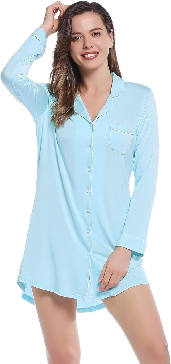 Womens Bamboo Viscose Sleep Shirt Long Sleeve Button Down Nightgowns Boyfriend Nightshirt S-XXL