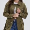 Women's Military Jacket Lightweight Button Up Utility Drawstring Waist Anorak Coat with Pockets