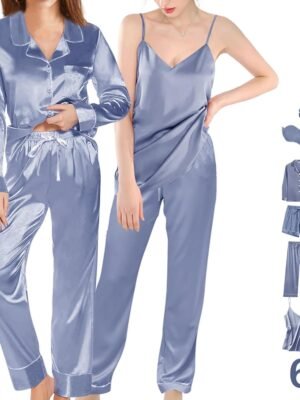 6Pcs Womens Silk Satin Pajama Sets Pj Sets Long Pjs Set Pajamas Sleepwear Camisole Sexy Cami