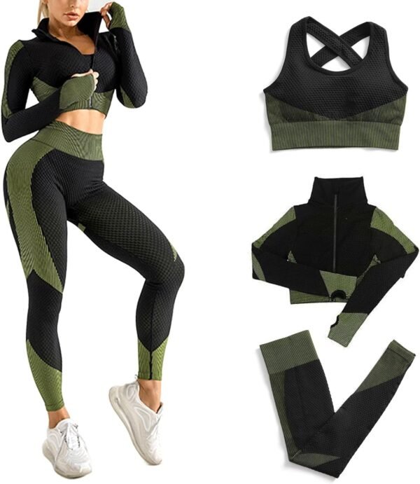 Women's 3 PC Seamless Gym Clothing Workout Outfit with Jacket Bra & Leggings Set