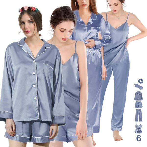 6Pcs Womens Silk Satin Pajama Sets Pj Sets Long Pjs Set Pajamas Sleepwear Camisole Sexy Cami