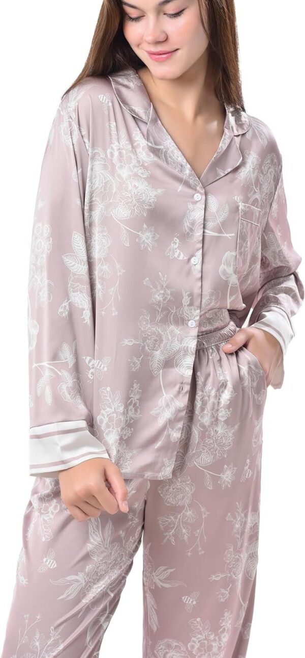 Women's Silky Satin Pajamas Set Long sleeve and Pants Sleepwear Soft and Comfy Button Down Loungewear Relaxed Fit