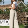 Women's Wide Leg Dress Pants High Elastic Waisted in The Back Business Work Causal Trousers Long Straight Suit Pants