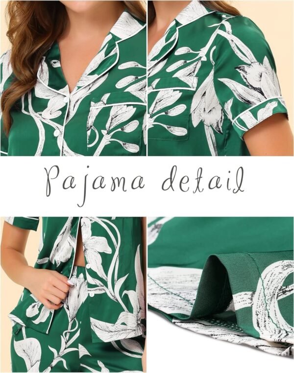 Womens Satin Floral Sleepwear Short Sleeves Button Down Tops with Pants Lounge Pajamas Sets