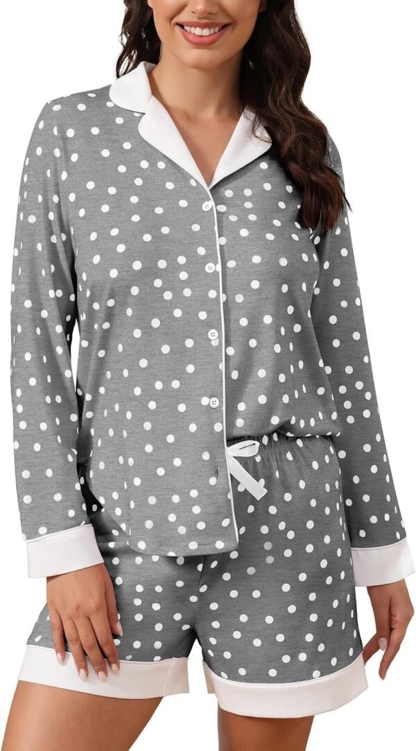Button Down Pajamas Sets Women Two-Piece Satin Silk Pjs Sets Loungewear Long Sleeve Sleepwear Shorts Nightwear Sets