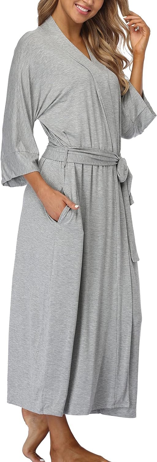 Womens Soft Long Kimono Robes Lightweight Full Length Knit Bathrobe With Pockets Ladies Casual Dressing Gown