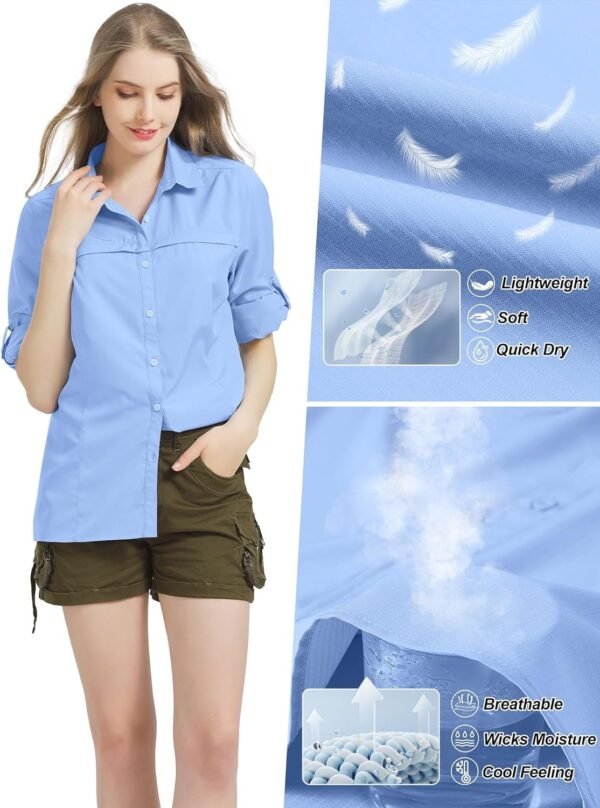 Womens Sun Protection Safari Shirt Quick Dry SPF 50 UV Lightweight Fishing Travel Hiking Outdoor Shirts with Zipper Pockets